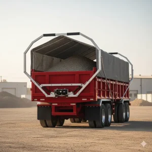 A diagram or image showing a flip tarp (arm-style) system extending from the front of the dump body to the rear, illustrating a popular front-to-back dump trailer tarp mechanism.