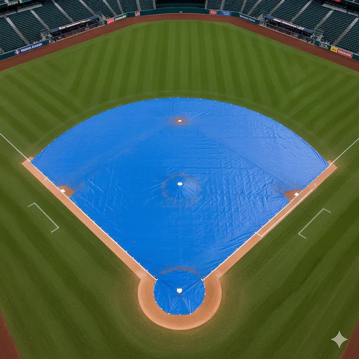An overhead view of a baseball field with a large tarp covering the entire infield, including the pitcher's mound and home plate. field tarps baseball