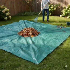 A large, durable garden tarp spread out on a lawn, ready for use in a yard cleanup project.
