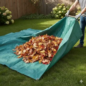 A full-sized garden tarp filled with a substantial amount of fallen autumn leaves being pulled toward a curb.