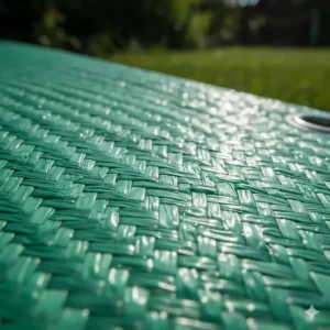 A macro image of the woven polyethylene material that gives a garden tarp its strength and durability.