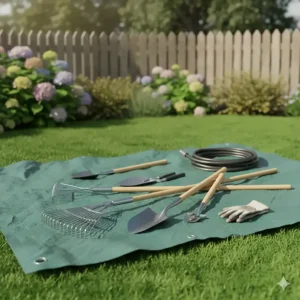 Various tools like a rake and shovel resting on a green garden tarp, illustrating its versatility.