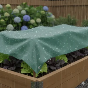 A waterproof garden tarp covering a raised garden bed, protecting plants from heavy rain.
