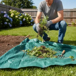 A gardener placing pulled weeds onto a strong garden tarp to simplify cleanup and disposal.