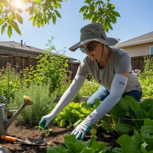 An image of a person tending to a garden on a sunny day, wearing protective arm sleeves to guard against sun exposure during outdoor work.