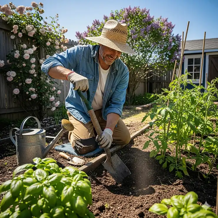 A man wearing a wide-brimmed straw gardening hat, digging in a sunny garden. This sun hat provides excellent sun protection while gardening. gardening hats for men