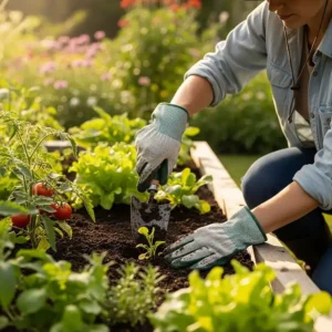 A gardener's hands, protected by durable UPF gloves, tending to plants in a sunny garden. The gloves offer both UV protection and a good grip.