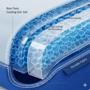 A close-up, semi-transparent illustration showing the internal gel beads or material of a cool pack, emphasizing its non-toxic, long-lasting cooling properties and durable fabric.
