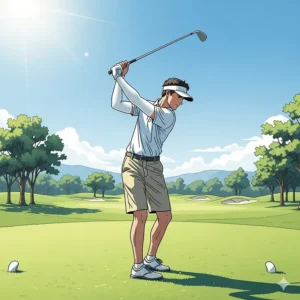 An illustration of a golfer mid-swing on a bright, sunny golf course, wearing white solar protection sleeves to prevent sunburn on their arms while playing.