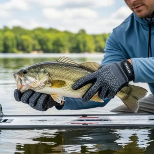 An image of an angler safely handling a fish while wearing gloves with a textured, non-slip grip, perfect for slippery conditions.
