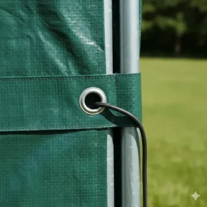 Close-up of the reinforced grommets and bungee cords used to secure the edges of the tarp to the carport frame.