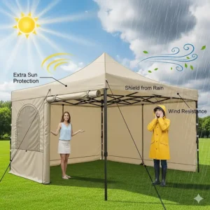 Image of a heavy duty pop up canopy with optional side walls attached, illustrating how they provide extra protection from sun, rain, and wind.