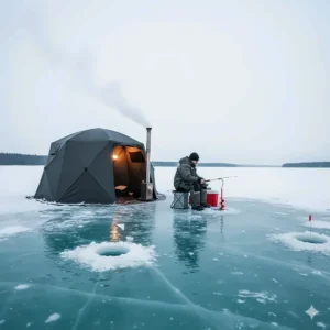 An insulated hot tent set up on a frozen lake, ideal for a comfortable and warm ice fishing experience.