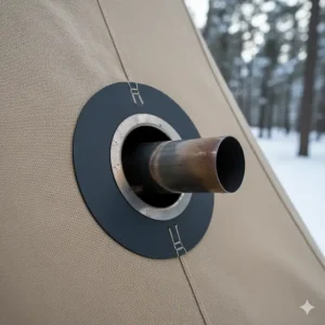 A close-up view of a high-temperature resistant stove jack on a hot tent, designed to safely vent a stove pipe.