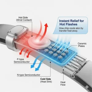 A detailed illustration showing the internal thermoelectric cooling chip of the bracelet, explaining how it provides instant relief for hot flashes.