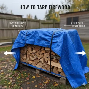 A diagram showing the proper technique for securing a firewood tarp over a log pile, with instructions on leaving the sides open for air circulation.