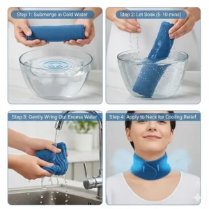 Step-by-step diagram showing how to activate a cooling neck wrap by soaking it in cold water and then applying it to the neck for immediate relief from heat.