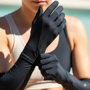 A person's hands carefully pulling on a pair of sleek, form-fitting UPF gloves, demonstrating how easily they can be worn for sun protection.