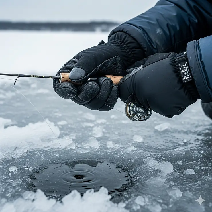A close-up shot of an angler's hands wearing a pair of insulated, waterproof ice fishing gloves while holding a rod over a hole in the ice.