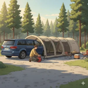 A person using an air pump to inflate a large, tunnel-shaped auto tent attached to the rear of a minivan.