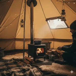 The interior of a camping hot tent showing a small, portable wood-burning stove glowing with fire.