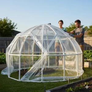 Instructions showing how to easily install a DIY **greenhouse tarp** over a PVC pipe frame for temporary shelter.