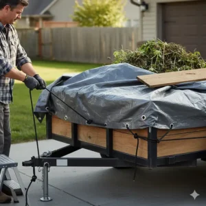 A person demonstrating the proper way to install a durable tarp on a utility trailer, highlighting the grommets and tie-down ropes.