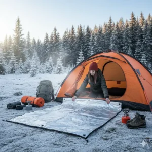 A person lays a waterproof insulated tarp on the ground to serve as a thermal barrier for their tent and camping gear.