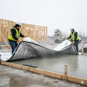 Workers use a thermal insulated tarp to cover a concrete pour on a cold day, ensuring proper curing and protection.