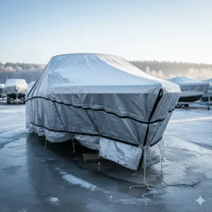 A large insulated tarp is securely tied down over a boat stored for the winter, protecting it from freezing temperatures and moisture.