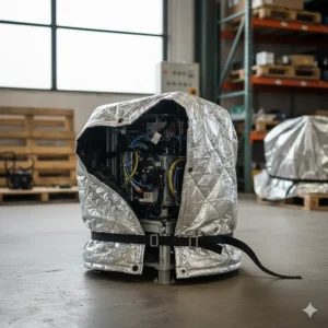An insulated tarp that's been custom-cut to size is used to cover a small, irregularly shaped piece of machinery in a warehouse.