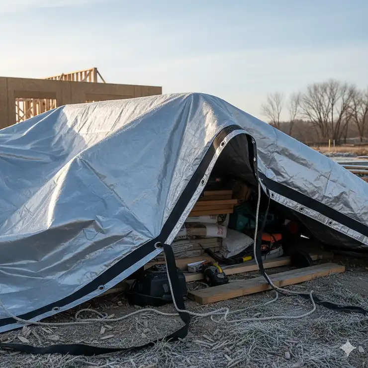 A heavy-duty insulated tarp with grommets is stretched over construction materials to protect them from cold weather.