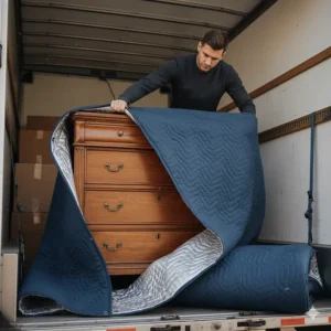 A quilted moving blanket-style insulated tarp is wrapped around furniture to prevent damage and regulate temperature during transport.