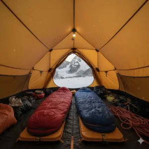 The spacious interior of a base camp tent, showcasing multiple sleeping bags, gear, and cooking equipment, highlighting its livable space.