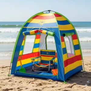 A small, brightly colored beach chair tent designed specifically for children.