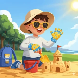 An illustration of a child wearing brightly colored UV protection gloves while playing outdoors, perhaps at a park or a beach. The image highlights the importance of sun safety for kids.