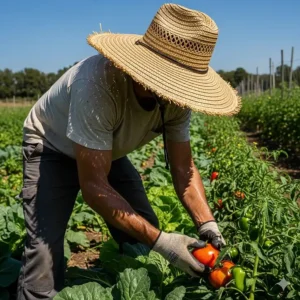 A man in a large-brimmed straw hat harvesting vegetables, illustrating the hat's functionality and coverage.