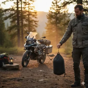 A person holds up a lightweight tent with one hand, demonstrating the low weight required for an excellent motorcycle camping tent.