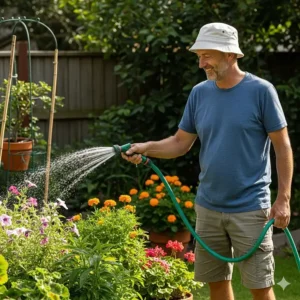 A man in a cotton bucket hat, watering plants with a hose. The hat is a great choice for keeping the sun out of his eyes.