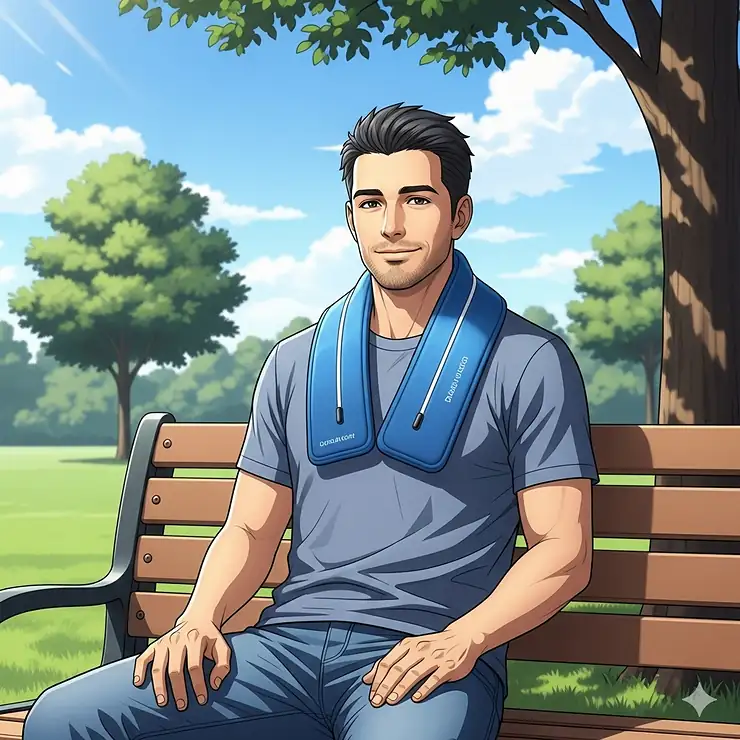 A detailed illustration of a man sitting in a park on a sunny day, with a stylish, reusable cool pack for his neck, which helps him stay cool and comfortable in the heat.