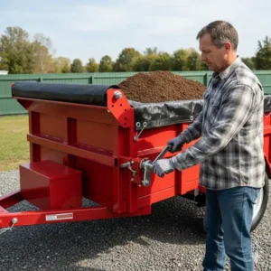A driver operating a hand crank on a manual roll tarp system to secure a load on a smaller utility dump trailer, highlighting a cost-effective tarp solution.