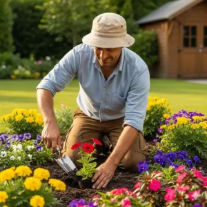 A male gardener wearing a beige boonie hat, using a trowel to plant flowers. This boonie hat is ideal for outdoor activities and sun protection.