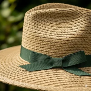 A close-up shot of a classic straw gardening hat for men with a green ribbon, highlighting its texture and design.