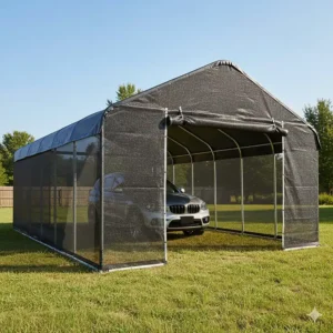 Side view of a ventilated tarp carport using mesh material for walls to allow airflow while providing shade.