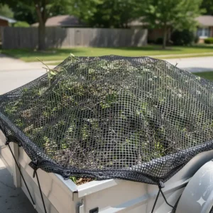 An image of a mesh tarp for a trailer, useful for containing loose debris like gravel or yard waste while allowing air to flow through.