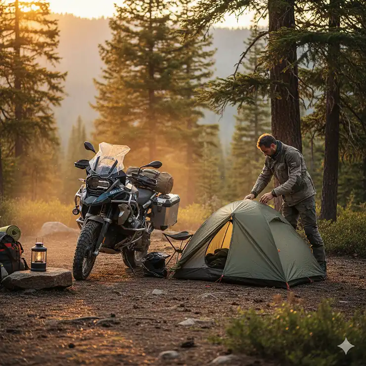 A motorcyclist sets up a compact, lightweight tent next to their adventure bike in a scenic forest clearing, highlighting the ease of motorcycle camping with a good tent.