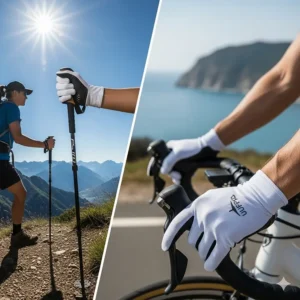 An athlete wearing breathable UPF gloves while hiking or cycling, emphasizing their use for sun protection during various outdoor sports.