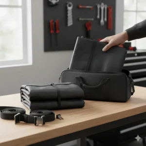 A neatly folded and compact pickup bed tarp, demonstrating how easy it is to store when not in use.