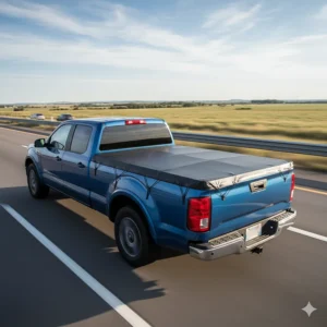 A pickup truck on the highway, its bed covered by a secure pickup bed tarp, protecting the cargo from wind and debris while in motion.