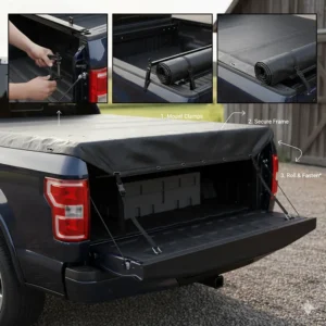Step-by-step diagram showing the easy installation of a pickup bed tarp using adjustable hooks and straps.
